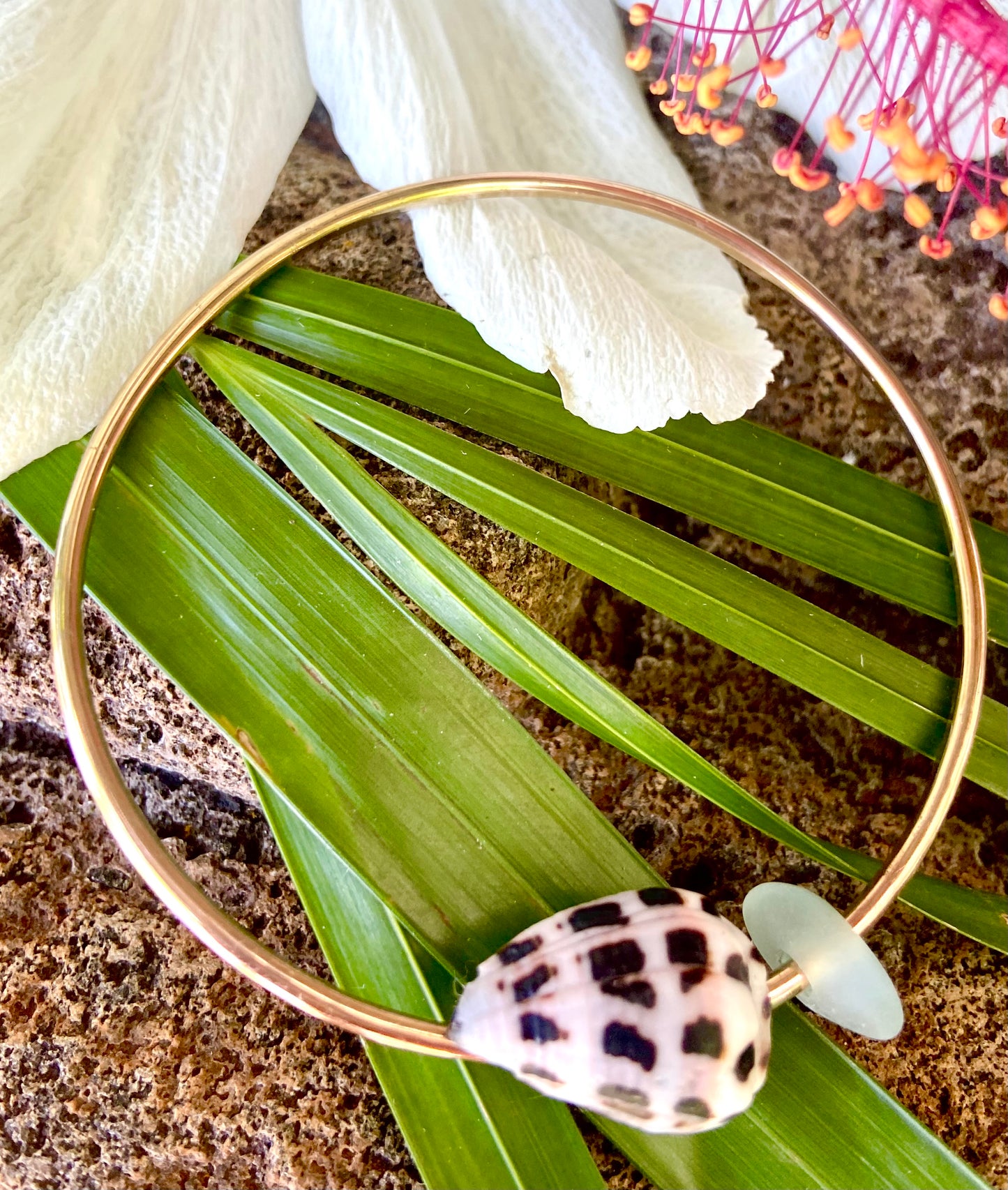 14K Gold Filled Hebrew Cone Shell with Seaglass Bangle