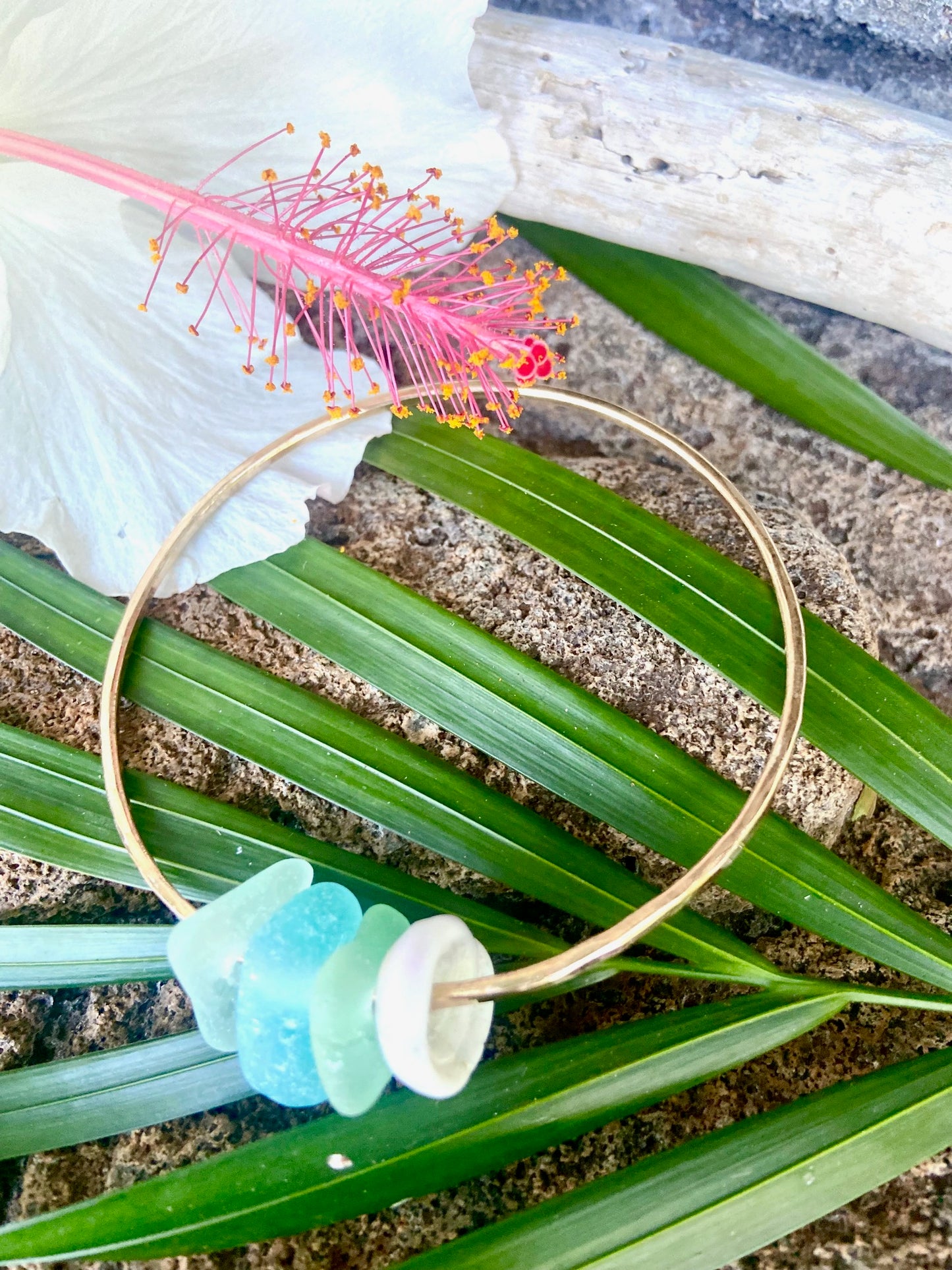 14K Gold Filled Seaglass and Puka Shell Bangle